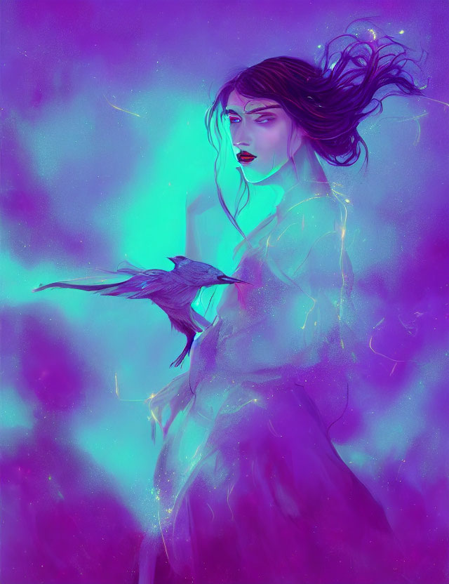 Mystical woman with flowing hair and bird in purple and blue hues