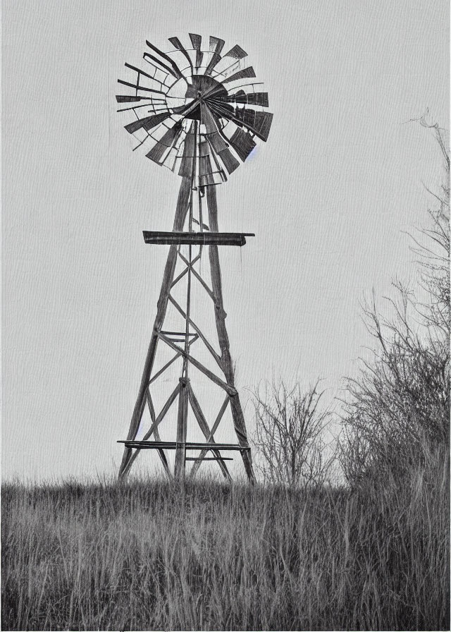 Rustic windmill and leafless tree in monochrome landscape