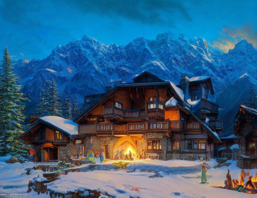 Cozy illuminated chalet in snowy twilight mountains