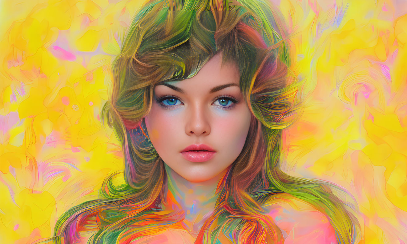 Colorful digital portrait of woman with flowing multicolored hair