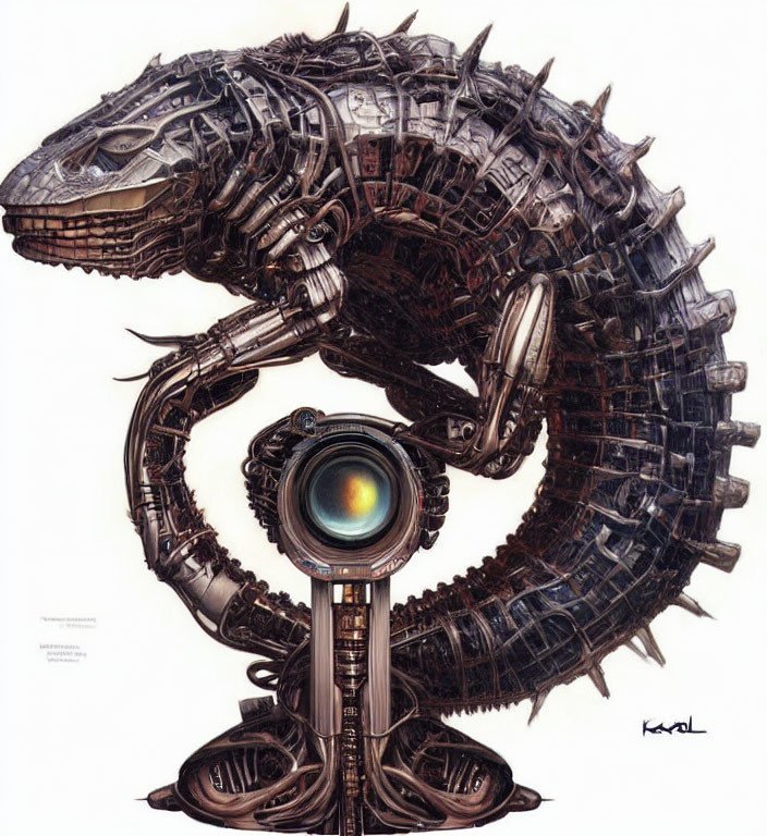 Detailed Mechanical Dragon with Metallic Scales and Camera Lens Eye