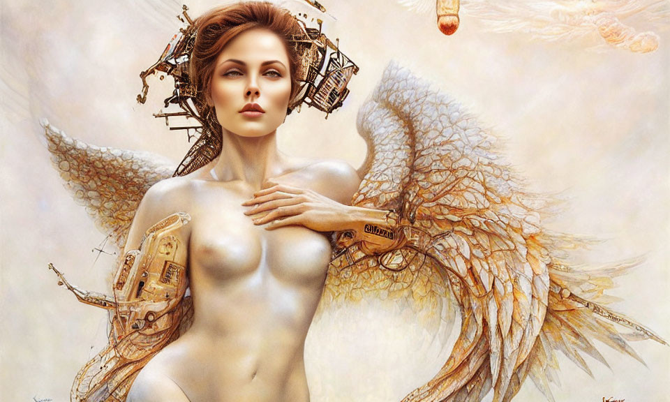 Surreal illustration of woman with cybernetic arm and angelic wings