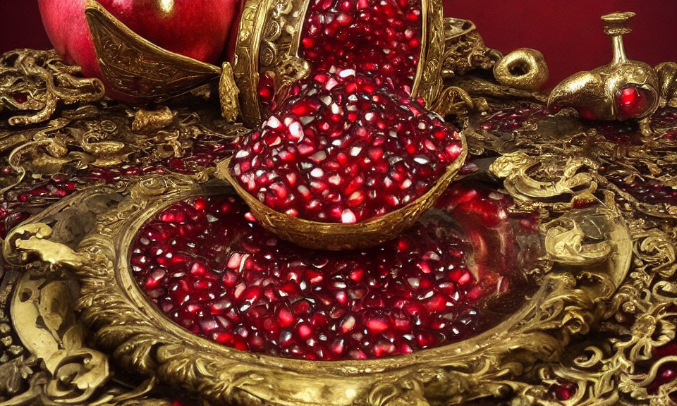 Opulent golden fruit and goblets with pomegranate seeds in a lavish display