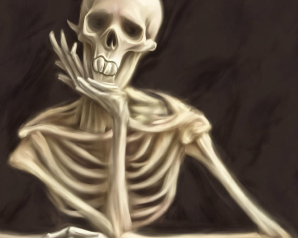 Skeleton in thoughtful pose against dark background