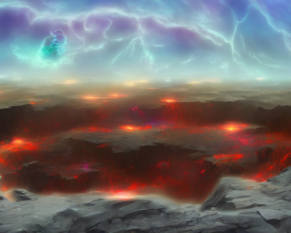 Fantastical landscape with glowing lava cracks and stormy sky