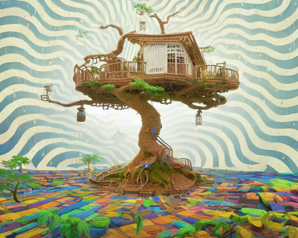 Whimsical treehouse with spiral staircase on colorful patchwork landscape