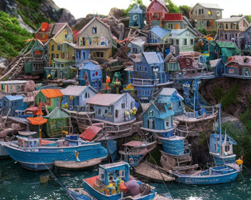 Vibrant Coastal Village with Colorful Houses and Boats