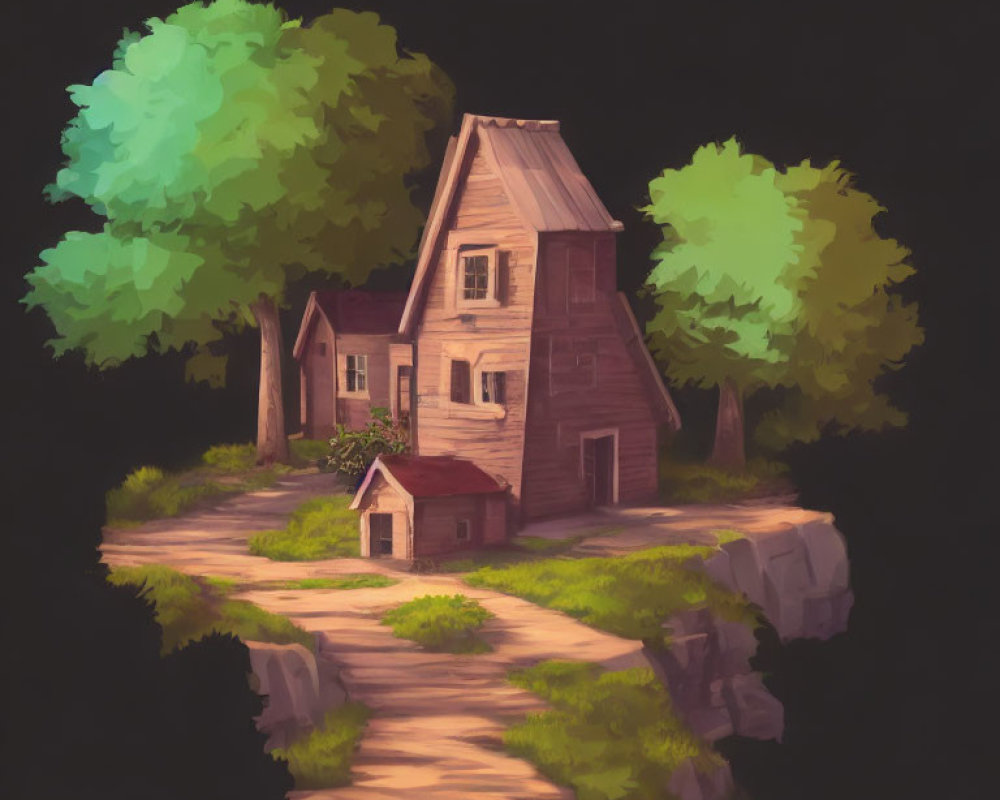 Whimsical digital painting of tall wooden house with shed, trees & path