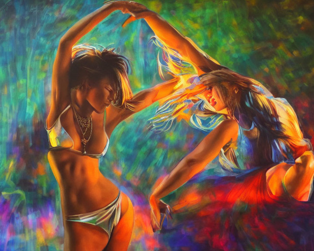 Vibrant dancers in colorful surroundings against abstract backdrop