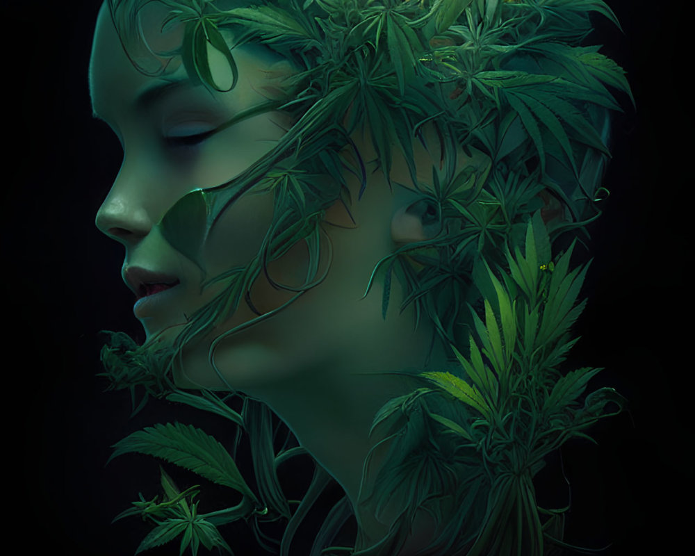 Serene female face with cannabis leaves as features on dark background