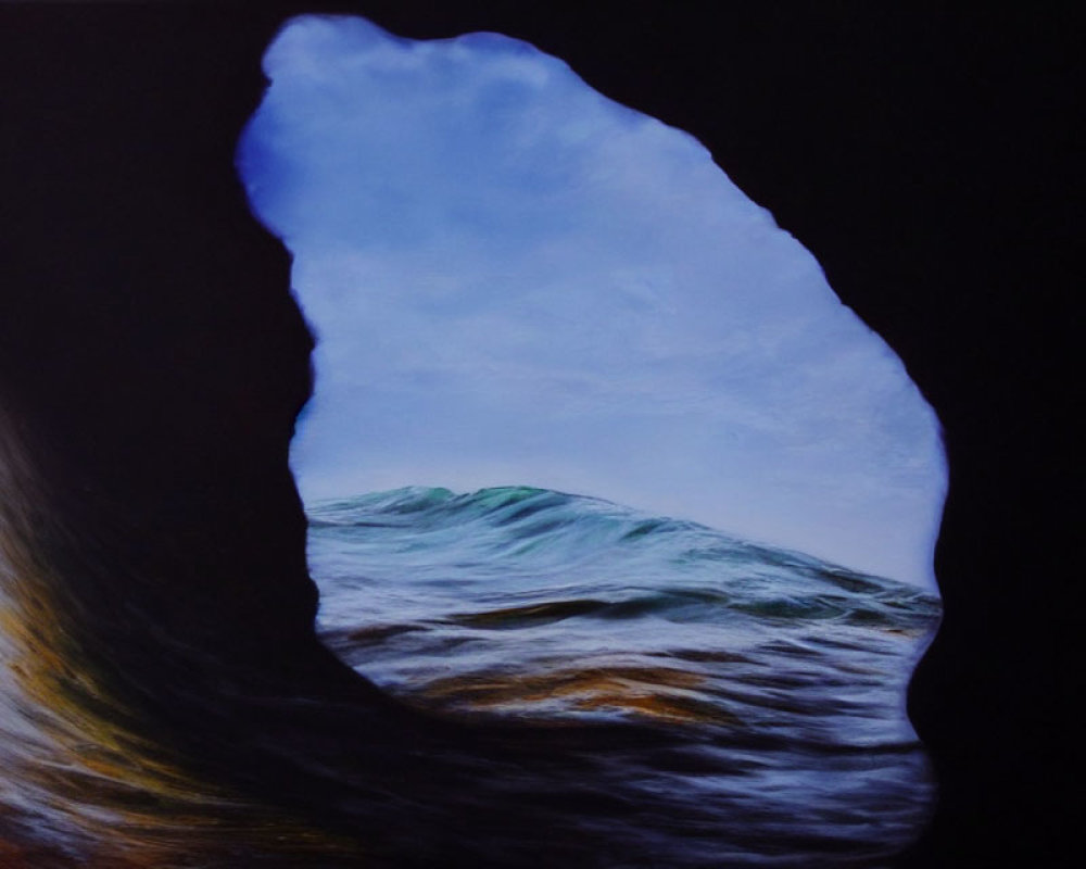 Ocean and Sky View from Dark Cave with Cresting Wave