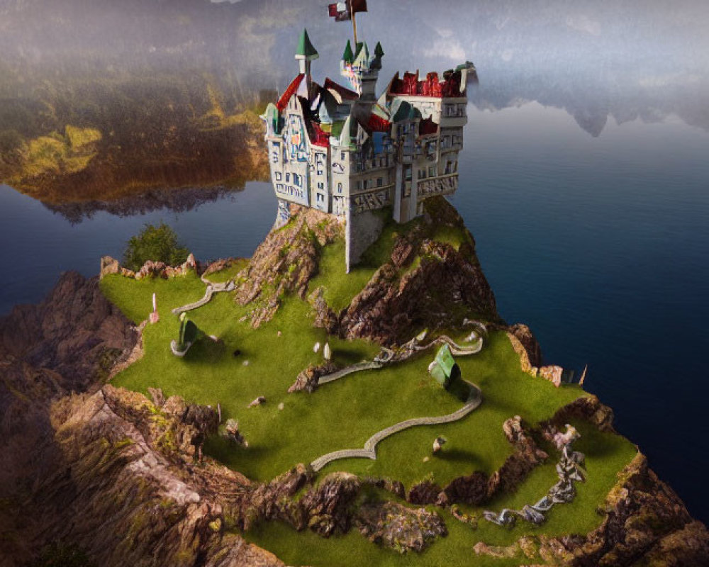 Fantastical castle with whimsical towers on lush island surrounded by tranquil lake