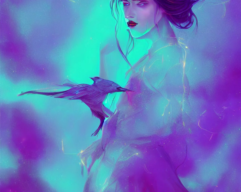 Mystical woman with flowing hair and bird in purple and blue hues