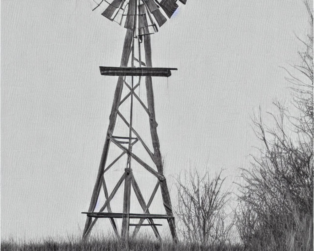 Rustic windmill and leafless tree in monochrome landscape