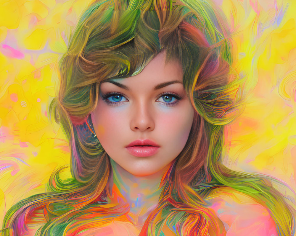 Colorful digital portrait of woman with flowing multicolored hair