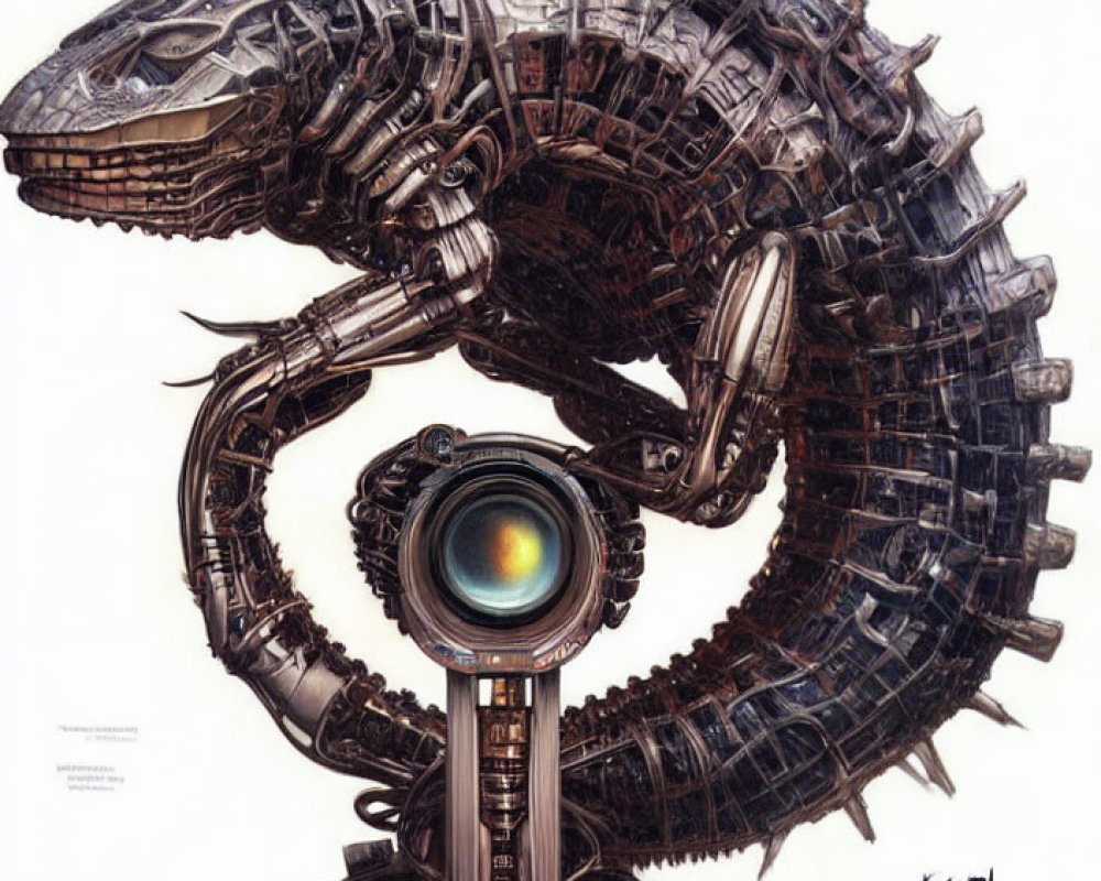 Detailed Mechanical Dragon with Metallic Scales and Camera Lens Eye