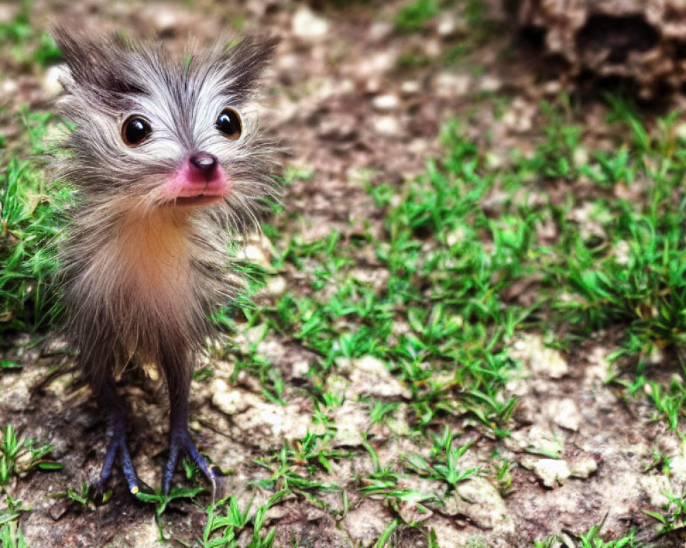 Whimsical creature with tuft of hair and pink snout in grassy setting