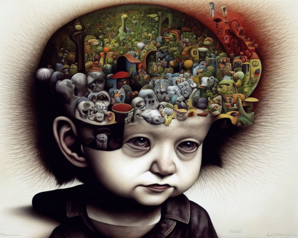 Colorful surreal artwork of child's head filled with characters and objects