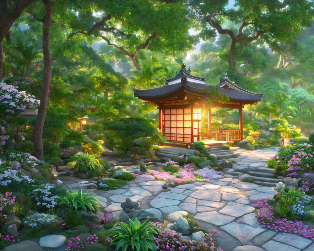 Traditional Japanese garden with pavilion, stone pathway, lush greenery, and blooming flowers in sunlight