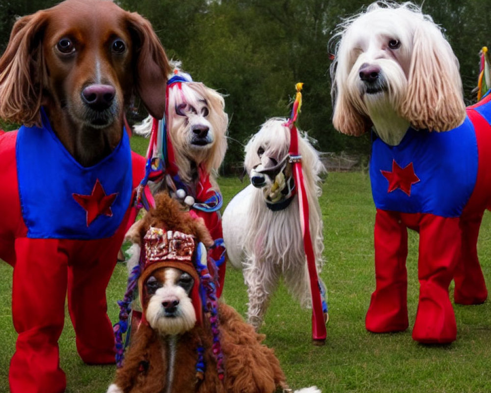 Four dogs in circus costumes with stars and hats posing on grass