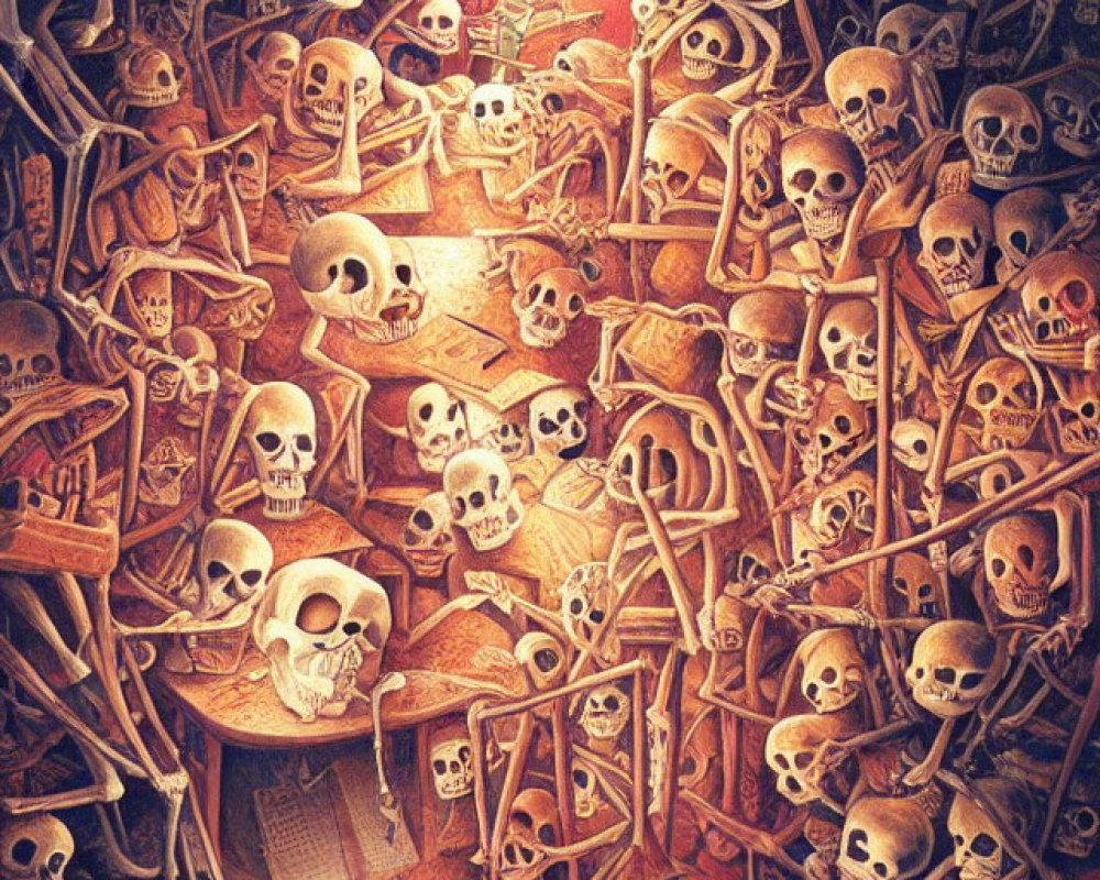 Illustration of room with human skulls and bones under warm light