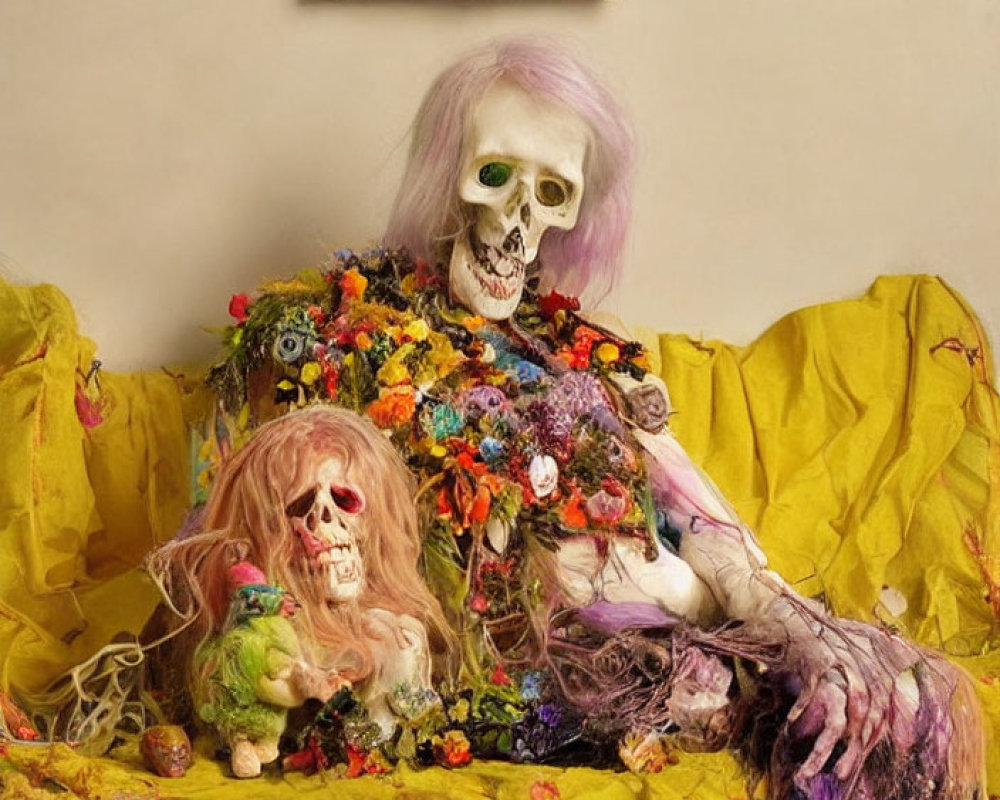 Vibrantly colored flowers and skeletons with long wigs on yellow backdrop