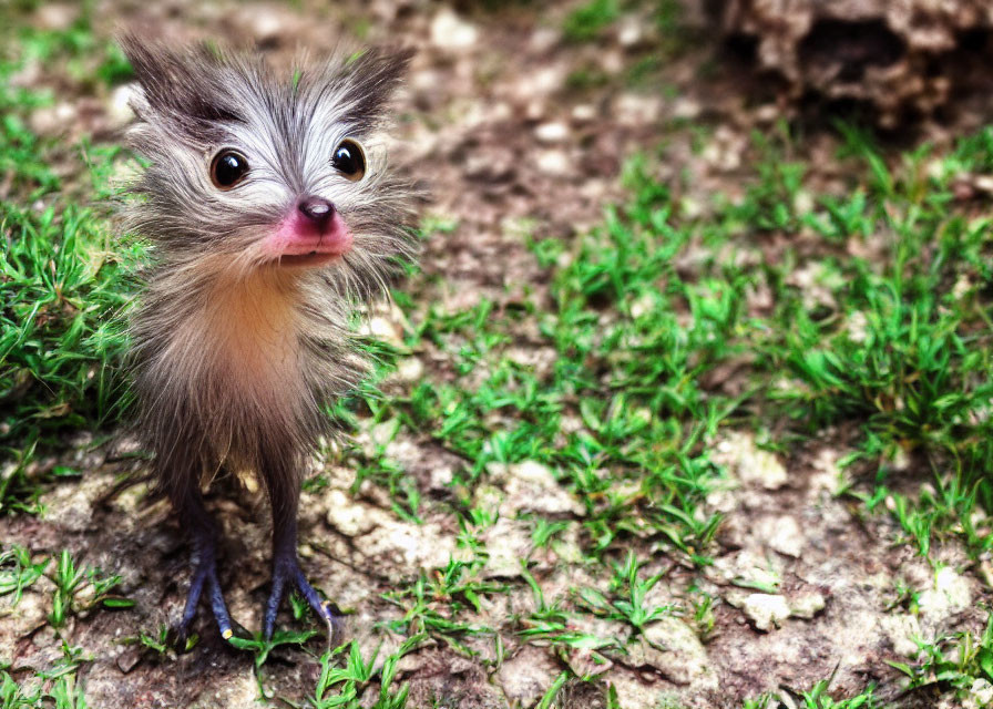 Whimsical creature with tuft of hair and pink snout in grassy setting