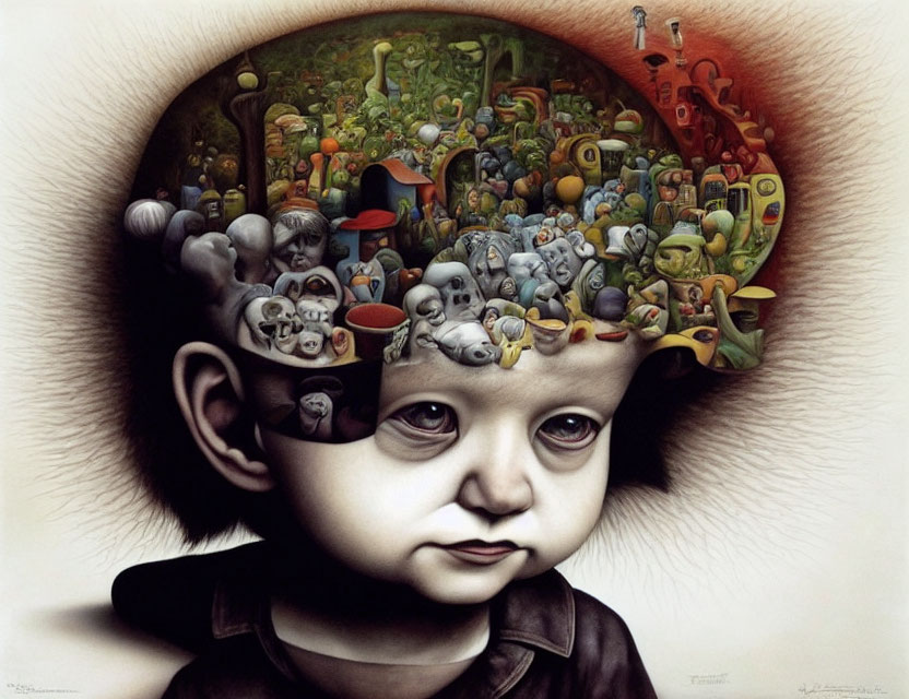 Colorful surreal artwork of child's head filled with characters and objects