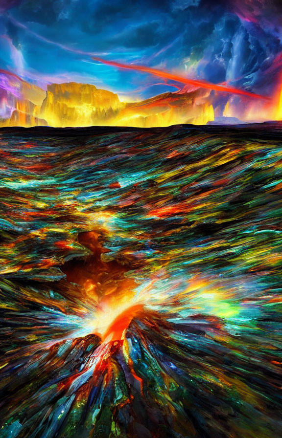 Colorful surreal landscape with fiery crevice and dramatic sky