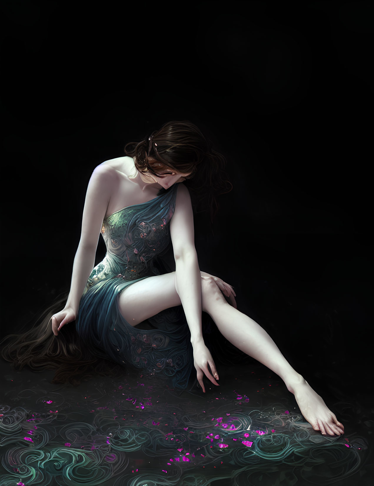 Somber woman in elegant dress surrounded by pink flower petals on reflective water