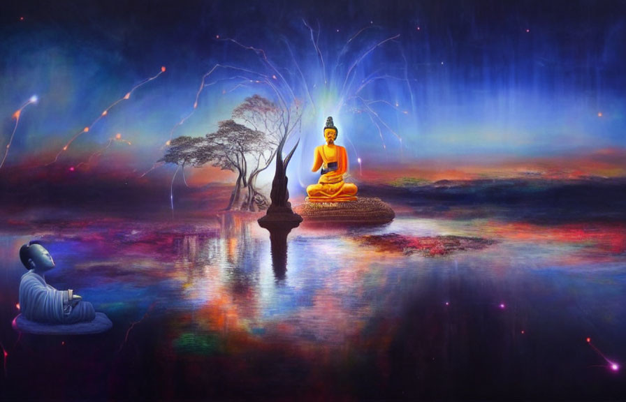 Colorful painting of meditating figure before radiant Buddha statue