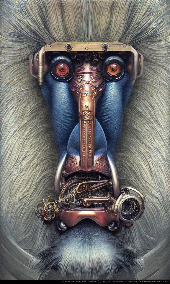 Surreal artwork: Mechanical creature with red eyes and intricate metal parts in soft, fur-like surroundings