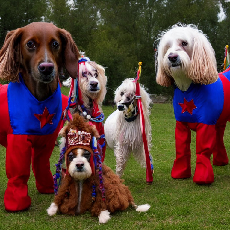 Four dogs in circus costumes with stars and hats posing on grass