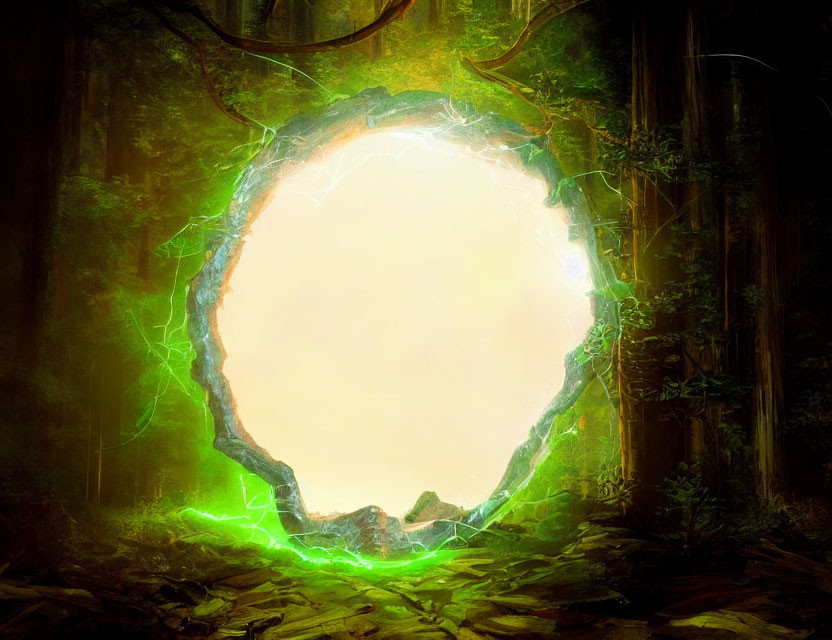 Enchanting glowing portal in lush forest landscape