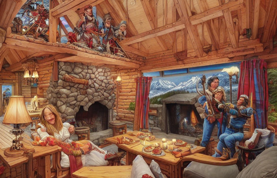 Medieval-themed cabin interior with stone fireplace and mountain view