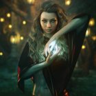 Embrace in mystical forest with glowing orbs