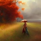 Person under orange umbrella near large, bare tree in misty landscape