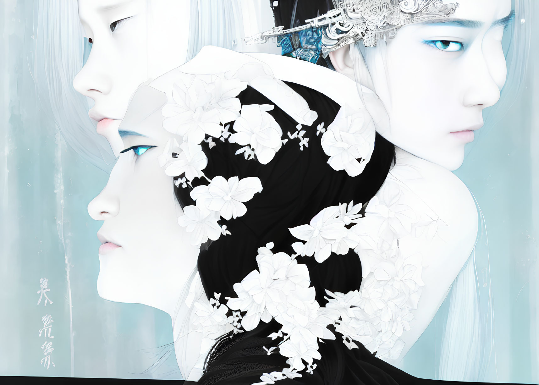 Ethereal faces with blue eyes and floral accents on icy backdrop