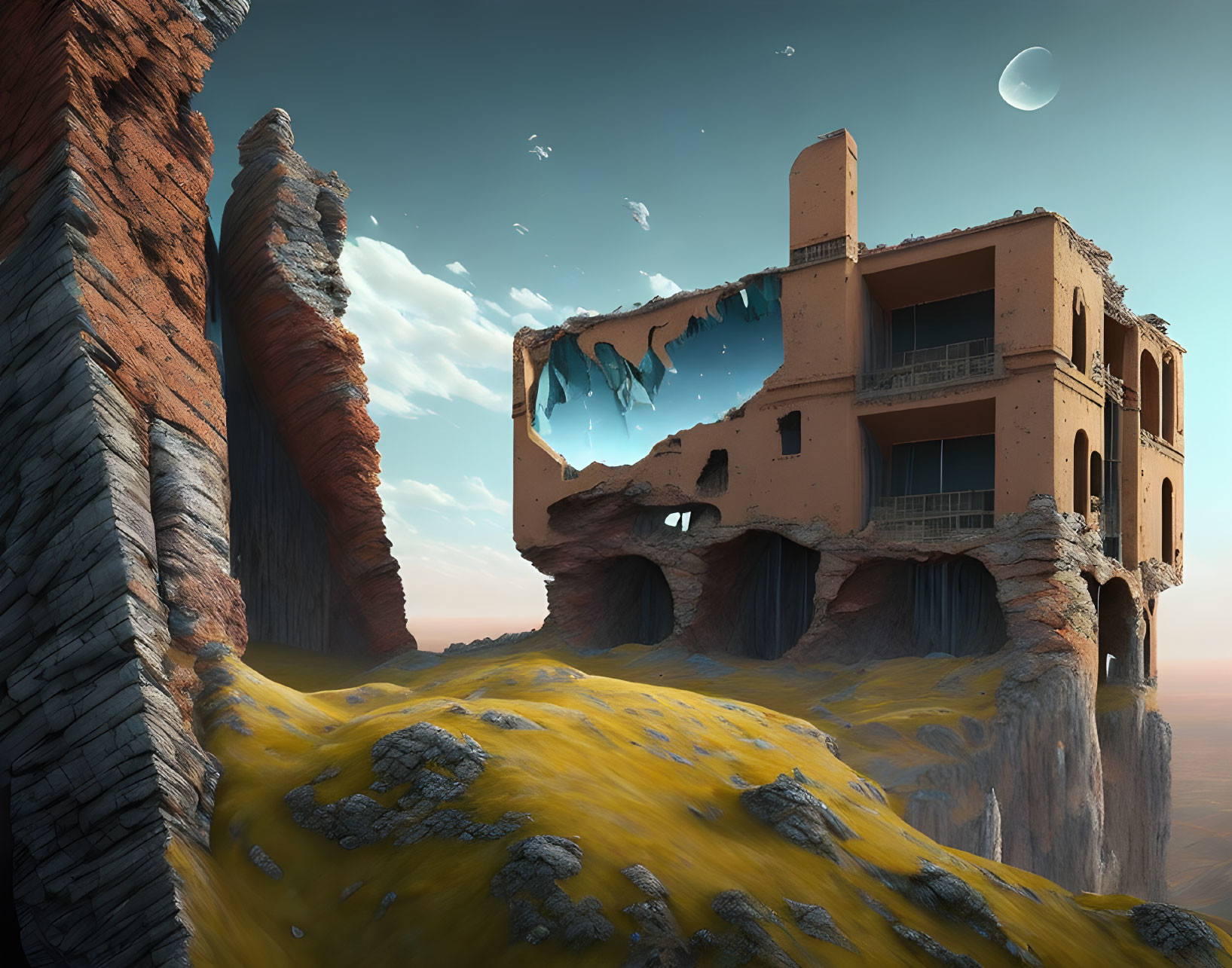 Surreal desert landscape with floating ruin, golden dunes, rocky cliffs, crescent moon