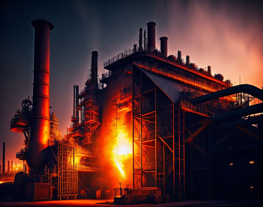 Industrial facility at dusk with dramatic lighting and towering structures