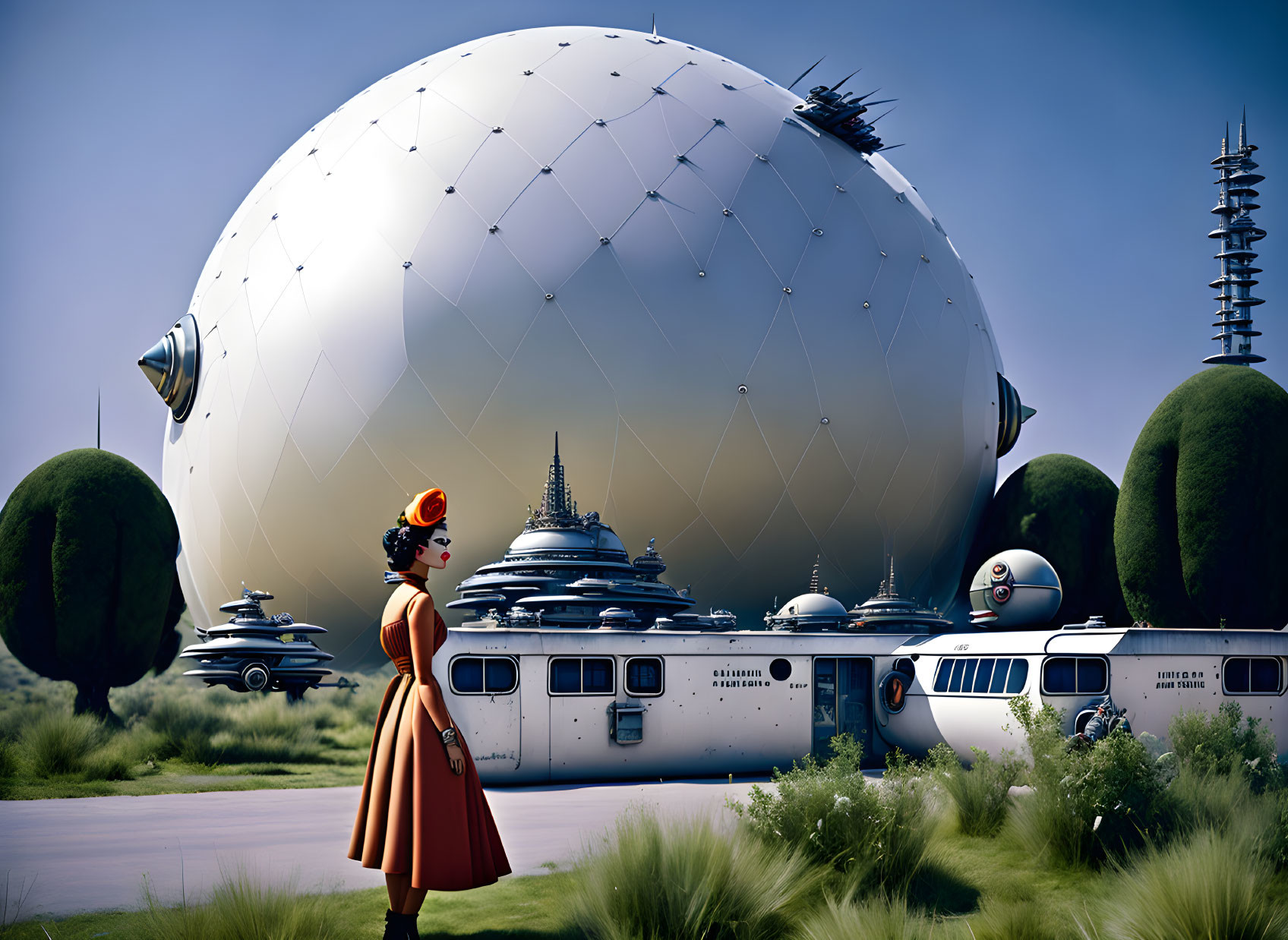 Retro-futuristic image: Woman in orange hat and coat with flying vehicles and greenery