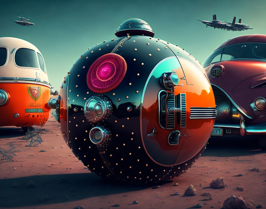 1950s-style retro-futuristic vehicles and flying crafts on barren landscape