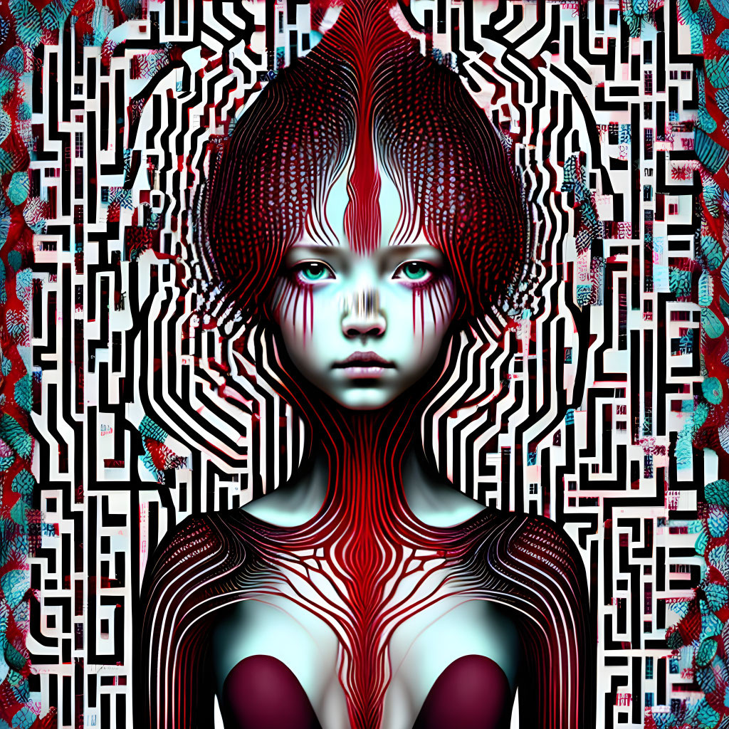 Androgynous figure with red and white circuit patterns in futuristic digital art