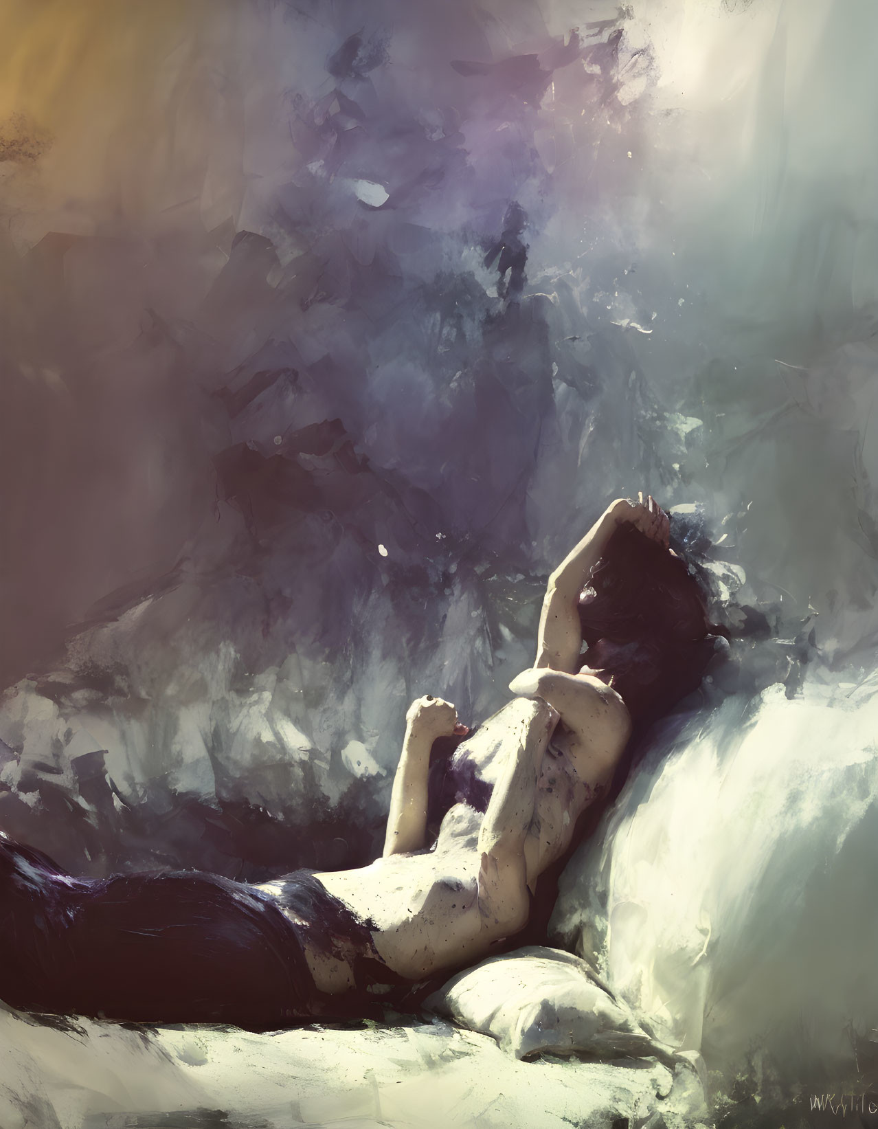 Digital painting: Person resting on rock under serene light