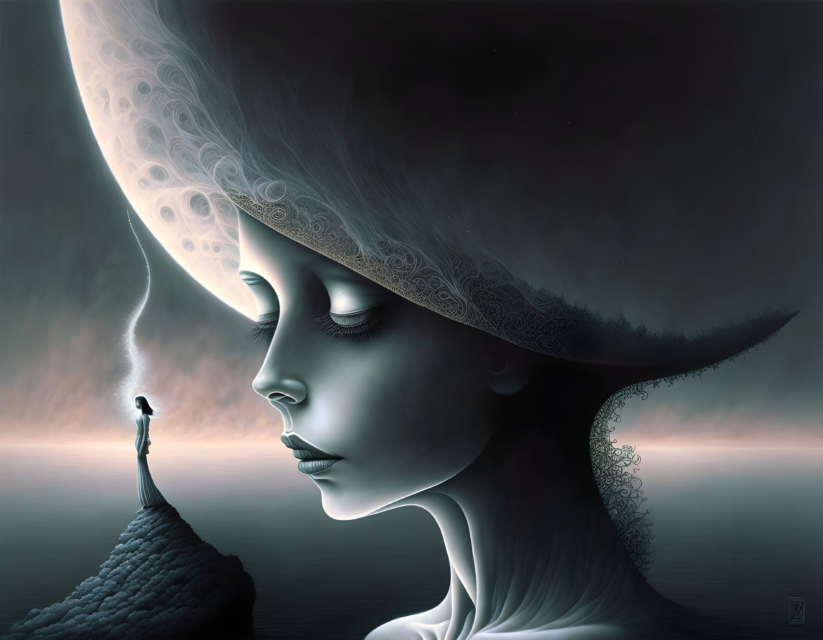 Surreal painting of giant ethereal woman and tiny human under moonlit sky