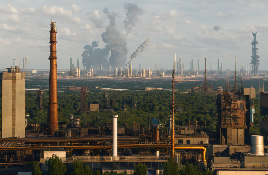 Industrial landscape with smokestacks, structures, and greenery