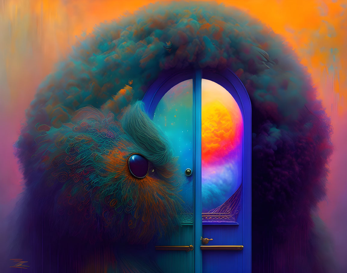 Vibrant surreal image: Peacock feathers form doorway to rainbow realm