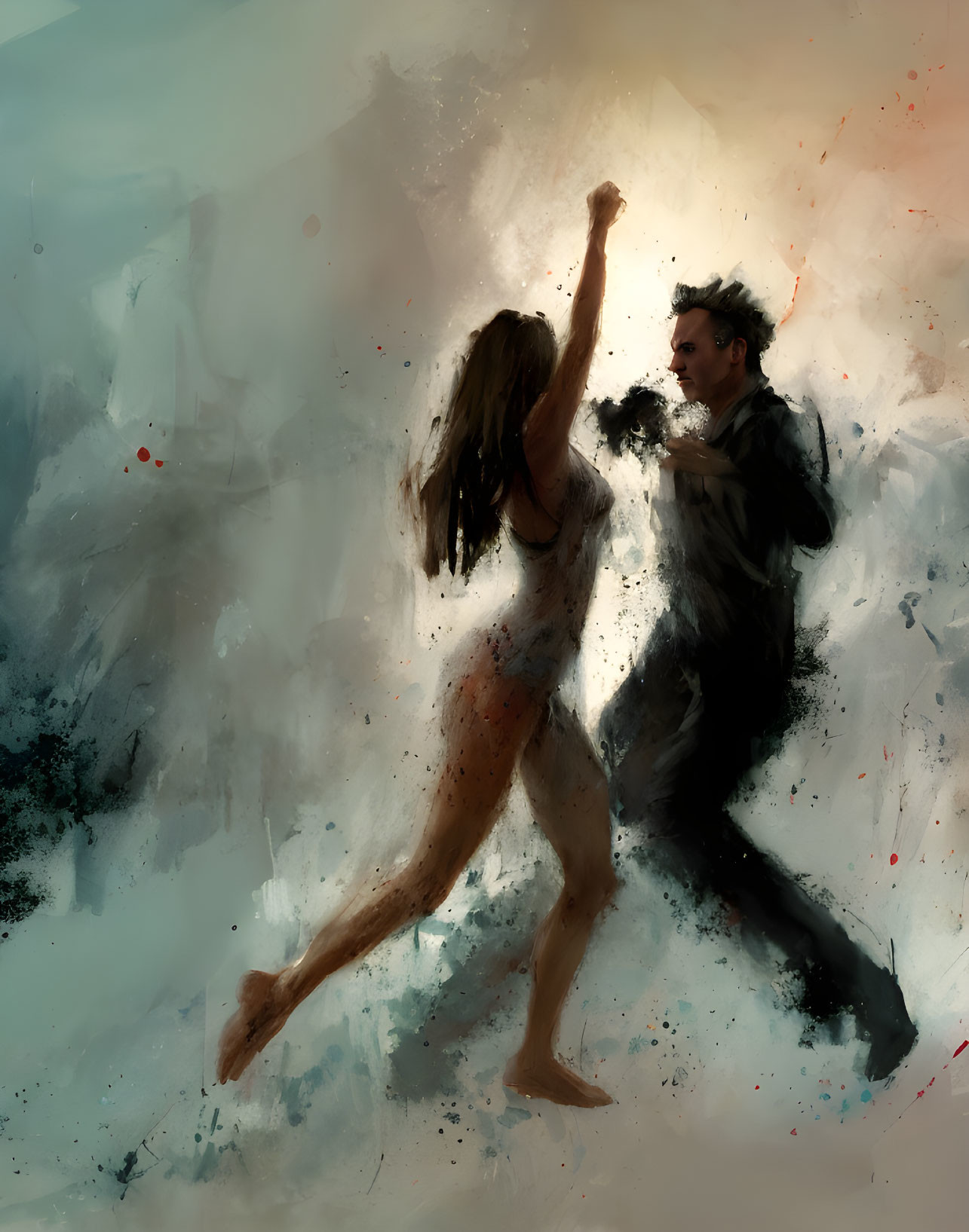 Expressive brushstrokes depict dynamic figures in action