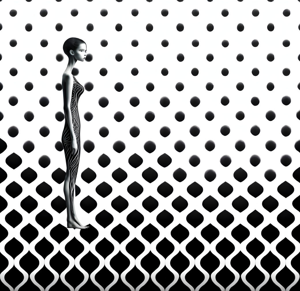 Slender female figure in 3D with black dots and honeycomb pattern background