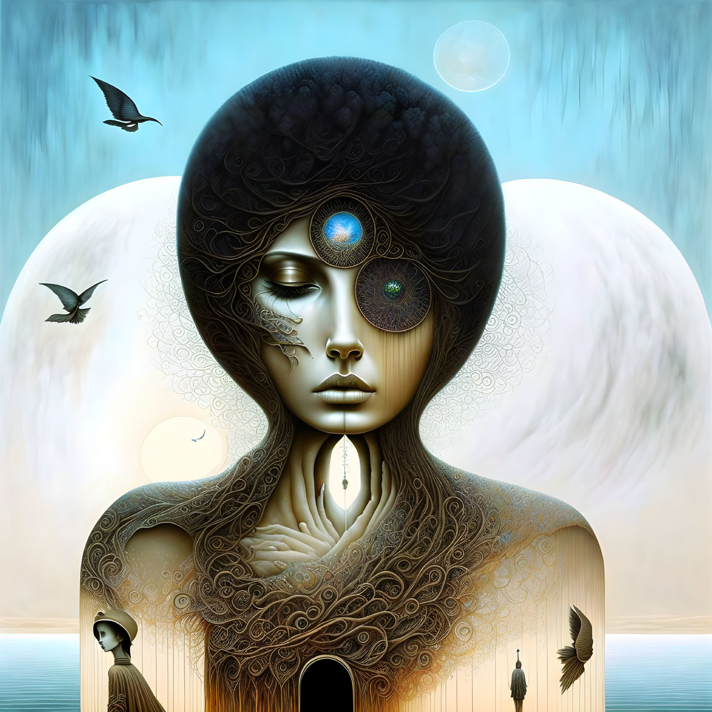 Intricate surreal portrait of woman with afro, celestial elements, and birds on blue background